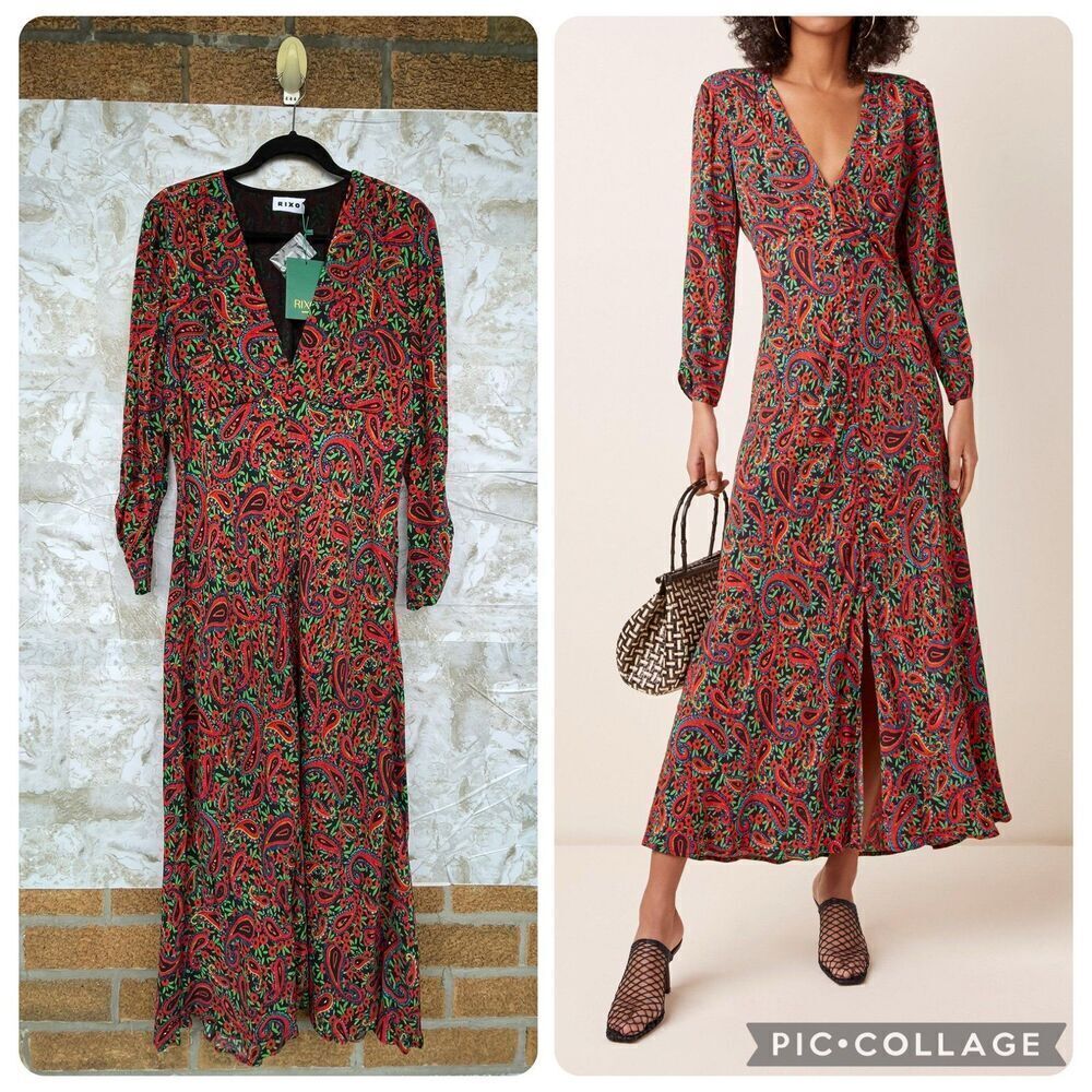 RIXO London Women's Red Katie Paisley Crepe Midi Dress size UK XL USA size 12